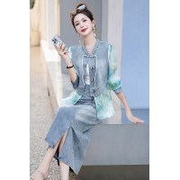 现货2024新款女新中式牛仔套装两件套夏装法式复古收腰夏季