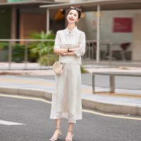 现货新款夏装七分袖，长袖新中式套装连衣裙刺绣盘扣