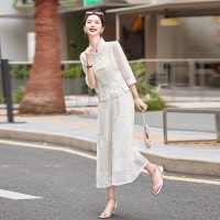 现货新款夏装七分袖，长袖新中式套装连衣裙刺绣盘扣