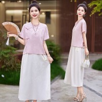 现货~2024年夏季新款盘扣新中式马面裙套装圆领减龄两件套裙
