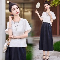现货~2024年夏季新款盘扣新中式马面裙套装圆领减龄两件套裙
