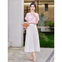 现货~2024年夏季新款盘扣新中式马面裙套装圆领减龄两件套裙
