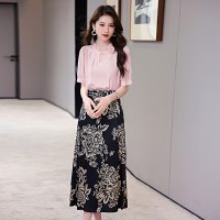 夏装2024新款新中式花边领印花立体衬衣搭配显瘦A字半身裙套装