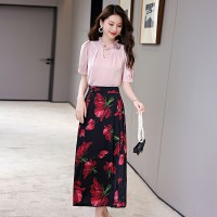 夏装2024新款新中式花边领印花立体衬衣搭配显瘦A字半身裙套装