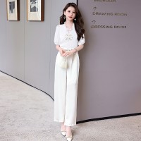 2024年现货夏季时尚潮流圆领拼接衬衣时尚宽松阔腿裤两件套