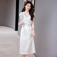 夏装2024新款新中式V领小清新衬衣搭配显瘦重工半身裙套裙