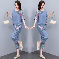 现货天丝牛仔拼接套装女2024夏季新款洋气优雅气质两件套