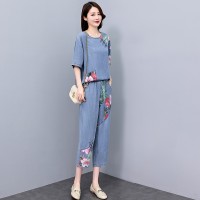 现货天丝牛仔拼接套装女2024夏季新款洋气优雅气质两件套