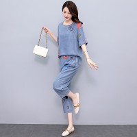 现货天丝牛仔拼接套装女2024夏季新款洋气优雅气质两件套