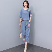 现货天丝牛仔拼接套装女2024夏季新款洋气优雅气质两件套