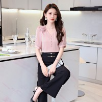 BAO2024年新款洋气减龄衬衣百搭显瘦气质高腰垂坠感阔腿裤套装
