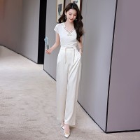 BAO2024年现货夏季时尚潮流V领盘扣衬衣时尚盘扣宽松阔腿裤两件套