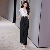 BAO2024年现货夏季时尚潮流V领盘扣衬衣时尚盘扣宽松阔腿裤两件套