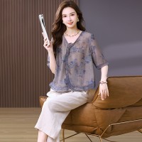 2024年夏季新款时尚宽松印花上衣亚麻裤子两件套