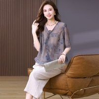 2024年夏季新款时尚宽松印花上衣亚麻裤子两件套