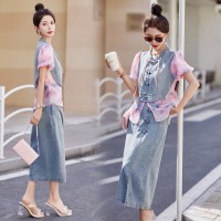 2024夏装新款牛仔拼接半身裙套装套裙