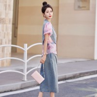 2024夏装新款牛仔拼接半身裙套装套裙