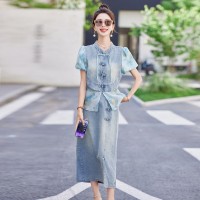 2024夏装新款牛仔拼接半身裙套装套裙