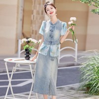 2024夏装新款牛仔拼接半身裙套装套裙