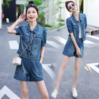 <!--现货，牛仔套装女夏两件套薄款高端欧货短袖时尚休闲洋气全身新款-->