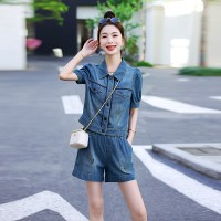 现货，牛仔套装女夏两件套薄款高端欧货短袖时尚休闲洋气全身新款