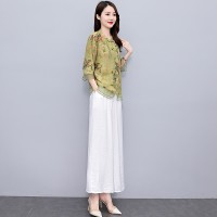 现货天丝麻印花套装女2024夏季新款气质洋气优雅范两件套