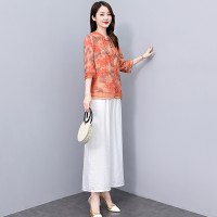 现货天丝麻印花套装女2024夏季新款气质洋气优雅范两件套