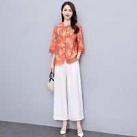 现货天丝麻印花套装女2024夏季新款气质洋气优雅范两件套