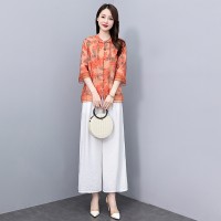 现货天丝麻印花套装女2024夏季新款气质洋气优雅范两件套