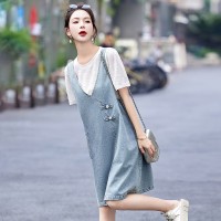 现货两件套牛仔裙女夏季2024年新款宽松遮肉套装裙