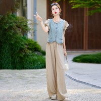 2024年夏季牛仔上衣气质减龄套装阔裤腿两件套女