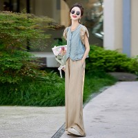 2024年夏季牛仔上衣气质减龄套装阔裤腿两件套女