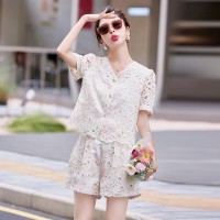 2024年夏季花色刺绣镂空上衣短款套装女