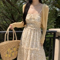 现货法式甜美碎花吊带开叉连衣裙+防晒冰丝小开衫M703