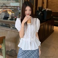 现货夏季温柔风法式白色短袖衬衫+甜美格纹半裙两件套