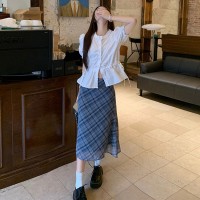 现货夏季温柔风法式白色短袖衬衫+甜美格纹半裙两件套