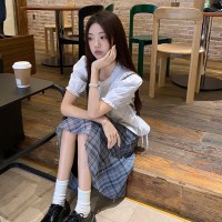 现货夏季温柔风法式白色短袖衬衫+甜美格纹半裙两件套