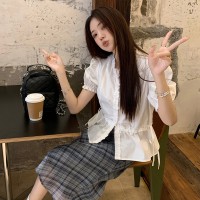 现货夏季温柔风法式白色短袖衬衫+甜美格纹半裙两件套