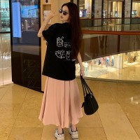 现货手绘涂鸦短袖T恤拼接口袋设计感+粉色半裙两件套