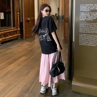 现货手绘涂鸦短袖T恤拼接口袋设计感+粉色半裙两件套