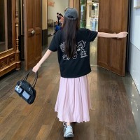 现货手绘涂鸦短袖T恤拼接口袋设计感+粉色半裙两件套
