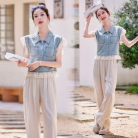 现货2024年夏季休闲/淑女新款女装韩版休闲牛仔蕾丝两件套套裤