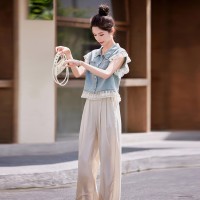 现货2024年夏季休闲/淑女新款女装韩版休闲牛仔蕾丝两件套套裤