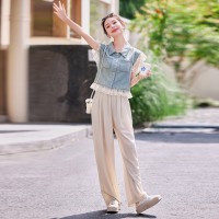 现货2024年夏季休闲/淑女新款女装韩版休闲牛仔蕾丝两件套套裤