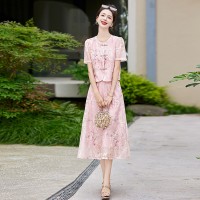 2024年夏季中式复古高级感洋气减龄连衣裙两件套套装现货供应