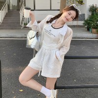 现货2024夏季新款韩版防晒衣衬衫吊带背心气质短裤三件套
