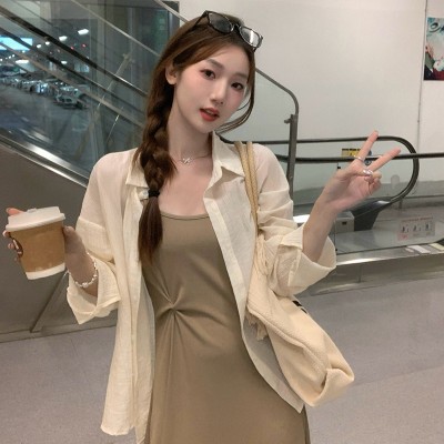 <!--现货夏季新款修身设计感吊带长裙+后背开衩防晒衬衫两件套-->