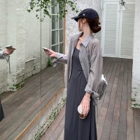 现货夏季新款修身设计感吊带长裙+后背开衩防晒衬衫两件套