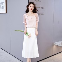 夏装2024新款新中式花边V领小清新衬衣搭配显瘦A字半身裙套装