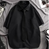 DK制服男短袖夏季白衬衫黑衬衫领带韩版潮流帅气大码休闲日系衬衣